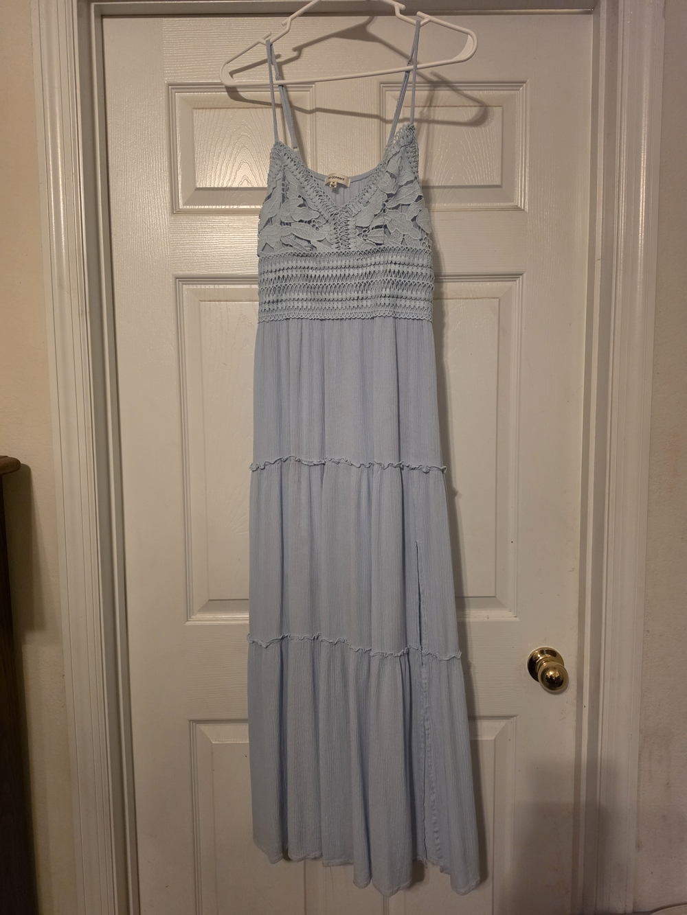 Light Blue Crochet-Top Maxi Dress with Tiered Skirt